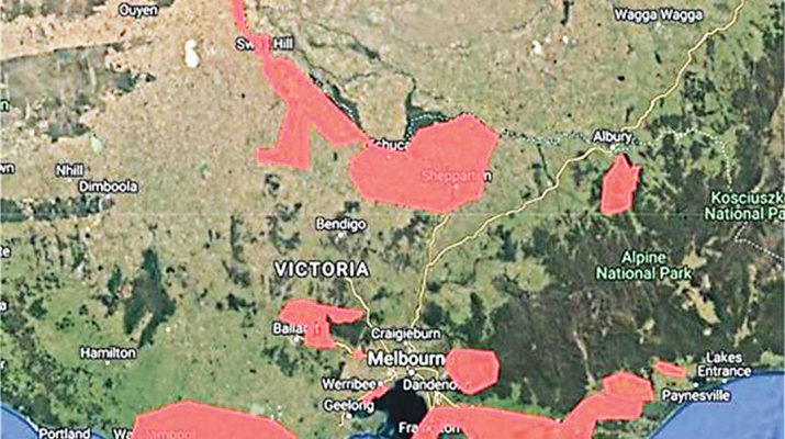 The red areas on the map display the red-light areas for transmission lines across the state. Image: Contributed