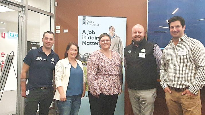 Aaron Thomas, Jess Knight, Sally Murfet, Peter Dunstan and Stuart Griffin at the GippsDairy Muster 2023 in Yarram. Photo: File