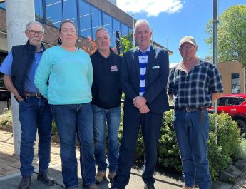 Local farmers Graham Pigdon, Kylie Mumford, Wayne Mumford and James Faithful meet with East Ward Councillor Brendan Kingwill to discuss concerns for local BESS proposals. Photo: Contributed