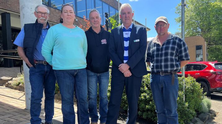 Local farmers Graham Pigdon, Kylie Mumford, Wayne Mumford and James Faithful meet with East Ward Councillor Brendan Kingwill to discuss concerns for local BESS proposals. Photo: Contributed