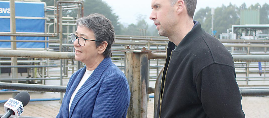 Agriculture Minister Michaela Settle alongside Member for Eastern Victoria Tom Macintosh delivering the state govenerment’s news in Ellinbank in June. Photo: Aidan Knight