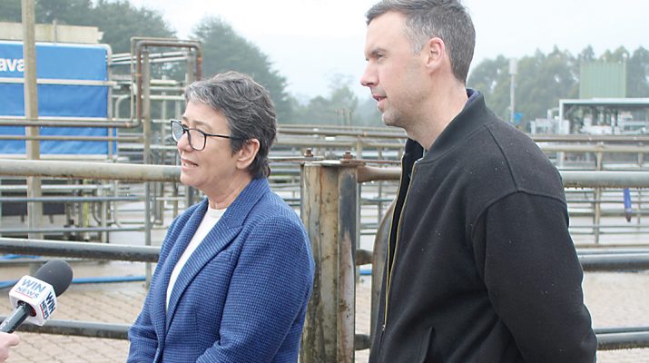 Agriculture Minister Michaela Settle alongside Member for Eastern Victoria Tom Macintosh delivering the state govenerment’s news in Ellinbank in June. Photo: Aidan Knight